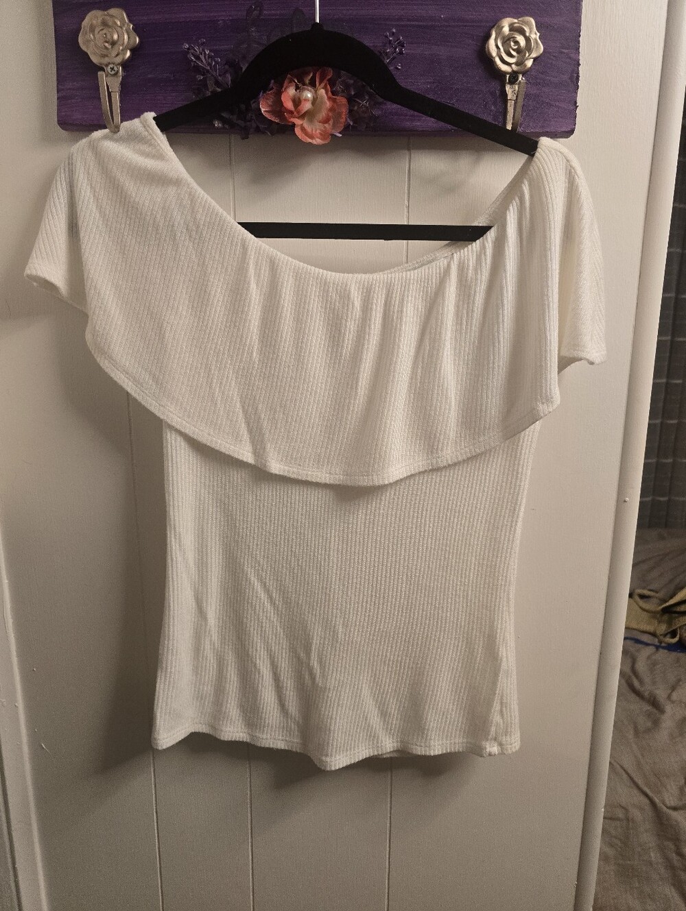 Red Haute Off Shoulder Ruffle Top White Ribbed Modal Blend Made in USA